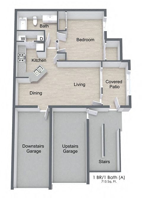 Floor plan for 1 bed, 1 bath, 715 sqft